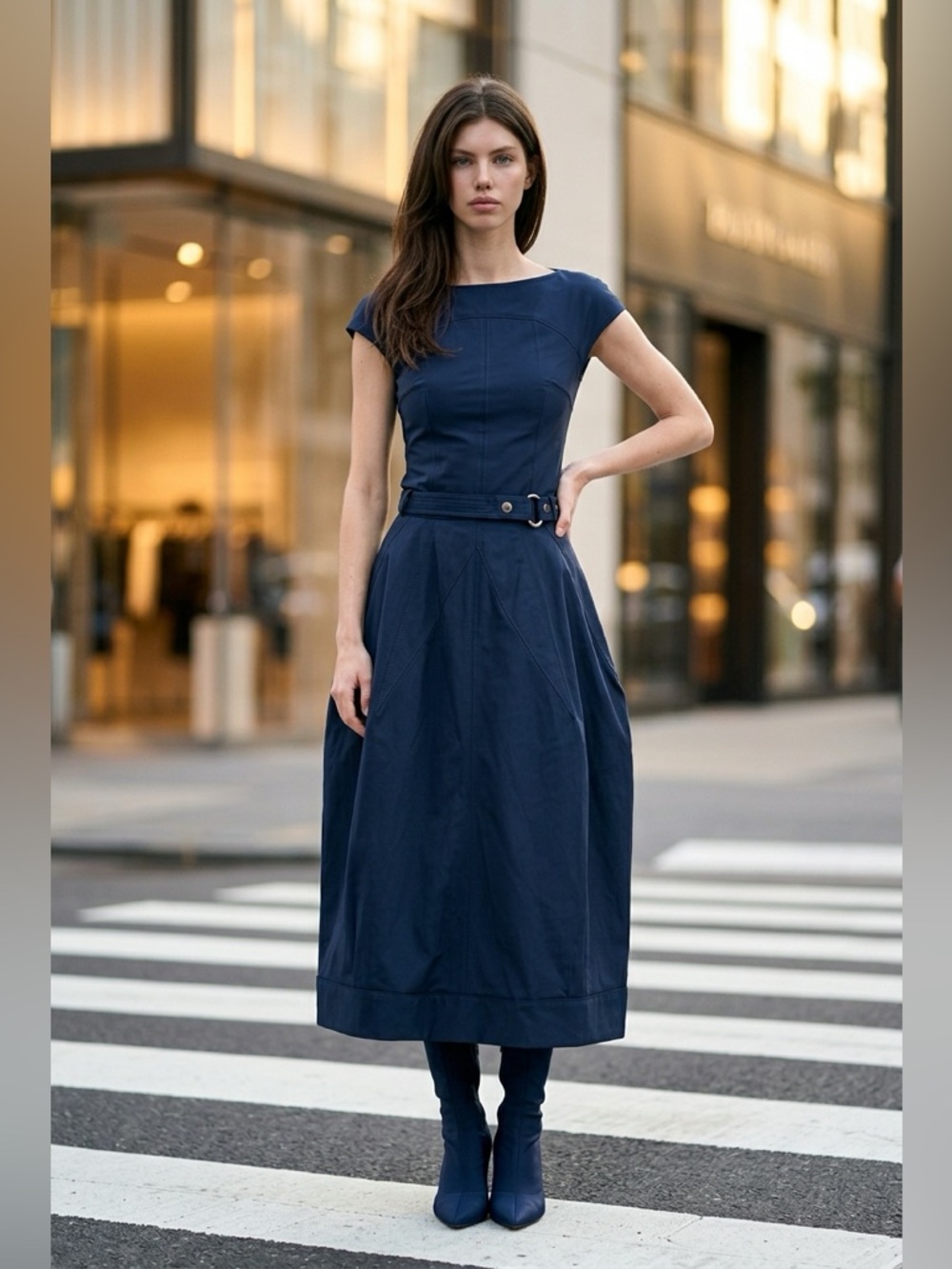 3.1 Phillip Lim Navy A-Line Midi Skirt with Belted Waist (100% Cotton Oxford)